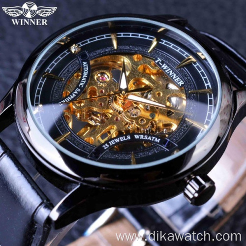 Fashion Black Golden Star Luxury Design Clock WINNER Mens Watch Top Brand Luxury Mechanical Skeleton Watch Relogio Masculino